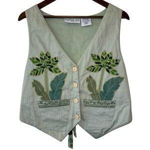 VTG Bedford Fair Embroidered Green Botanical Plant Tropical Boho Button Vest